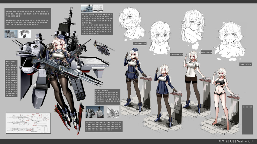 1girl absurdres aircraft anotoki_ashi black_gloves black_legwear blue_jacket breasts cannon chinese_text destroyer gloves hair_ornament hairclip helicopter highres holding holding_weapon jacket large_breasts long_hair long_sleeves machinery mecha_musume military military_uniform military_vehicle multiple_views original pantyhose personification propeller radar red_eyes ship thighband_pantyhose turret uniform uss_wainwright_(dlg-28) warship watercraft weapon white_hair