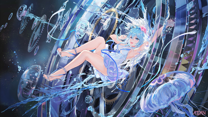 1girl :d arm_up armpits atdan bare_legs bare_shoulders blue_eyes blue_hair breasts dress haiyi hand_up hat high_heels highres jellyfish looking_at_viewer medium_breasts open_mouth sleeveless sleeveless_dress smile solo synthesizer_v thighs water white_dress wide_shot