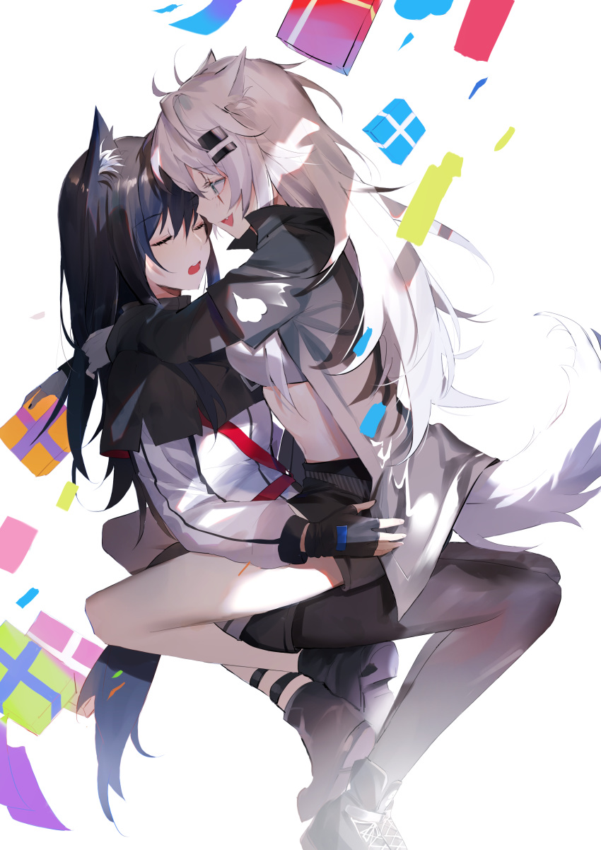 2girls absurdres animal_ears arknights bandeau black_capelet black_gloves black_hair black_jacket black_shorts box breasts capelet chinese_commentary closed_eyes dated_commentary eyelashes face-to-face fingerless_gloves full_body gift gift_box gloves grey_eyes highres hug jacket lappland_(arknights) legwear_under_shorts long_hair long_sleeves medium_breasts meng_ziya midriff multiple_girls open_clothes open_jacket open_mouth pantyhose scar scar_across_eye short_shorts shorts silver_hair simple_background smile straight_hair strap strapless tail texas_(arknights) tubetop white_background white_jacket wolf_ears wolf_tail