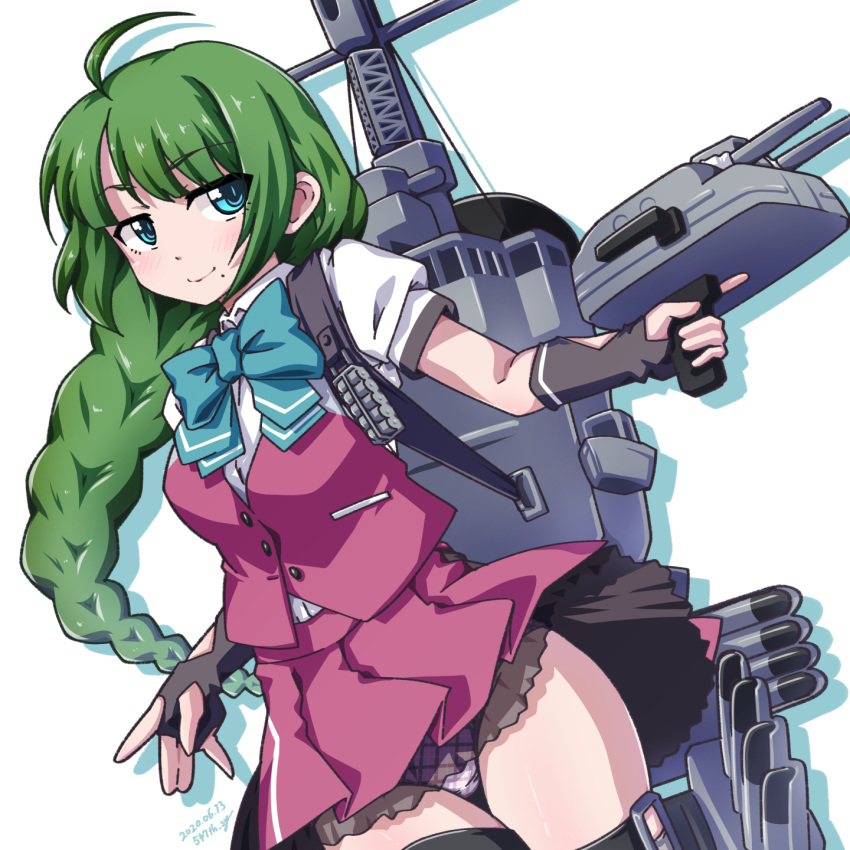 1girl 547th_sy adapted_turret blazer blouse bow bowtie braid breasts cannon cowboy_shot dress fingerless_gloves gloves green_hair grey_legwear gun halterneck highres jacket kantai_collection machinery medium_breasts mole mole_under_mouth panties pleated_skirt purple_panties purple_skirt remodel_(kantai_collection) rigging school_uniform shirt short_sleeves simple_background single_braid skirt smoking solo thigh-highs torpedo_launcher turret underwear weapon white_background white_blouse white_shirt yuugumo_(kantai_collection)