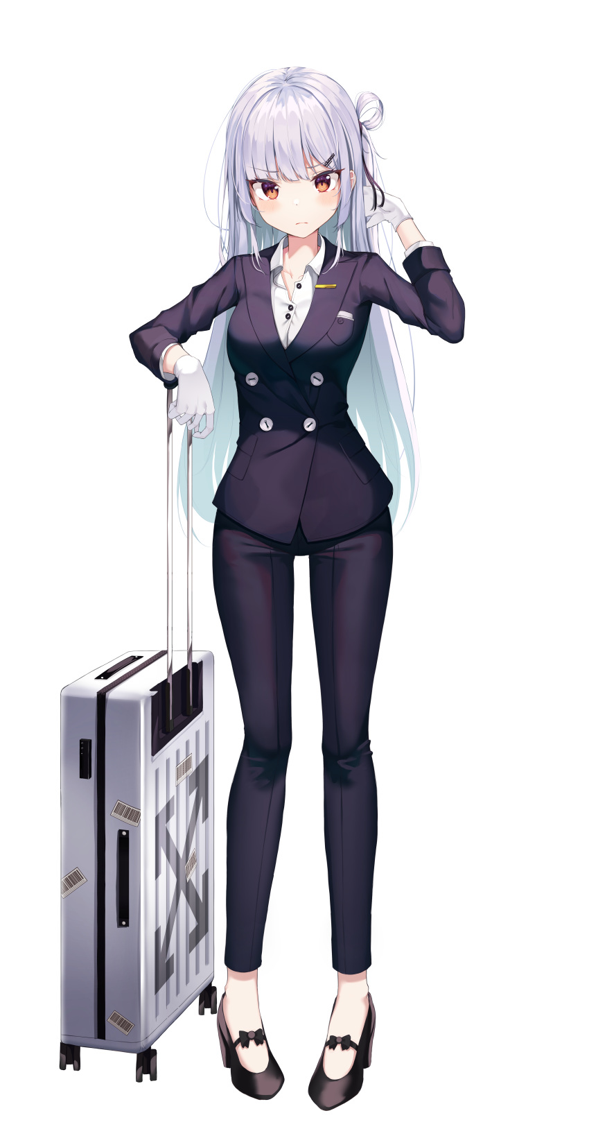 1girl absurdres apple_ringo black_footwear black_jacket black_pants blazer breasts brown_eyes business_suit formal frown full_body gloves hair_ornament hairclip hand_up highres jacket long_hair long_sleeves looking_at_viewer luggage medium_breasts original pants shirt shoes silver_hair simple_background solo standing suit undershirt very_long_hair white_background white_gloves white_shirt