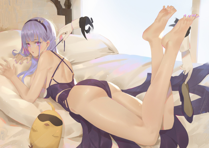 ass azur_lane bare_legs bareback barefoot bed_sheet breasts character_doll cirilla dido_(azur_lane) feet feet_up highres large_breasts manjuu_(azur_lane) medium_hair pillow purple_hair purple_nails scenery shoes shoes_removed sunglasses under_boob underboob_cutout violet_eyes white_hair