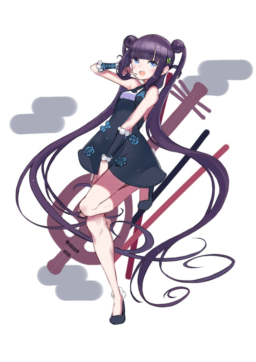1girl bangs bare_shoulders black_dress black_footwear blue_eyes blunt_bangs blush breasts detached_sleeves double_bun dress fate/grand_order fate_(series) flute hair_ornament high_heels highres instrument leaf_hair_ornament legs long_hair looking_at_viewer medium_breasts open_mouth pipa_(instrument) purple_hair short_dress sidelocks smile twintails umi_(umi_no_kusomusi) very_long_hair white_background yang_guifei_(fate/grand_order)