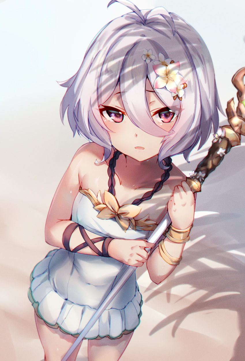 1girl absurdres beach collarbone flower hair_between_eyes hair_flower hair_ornament highres holding holding_staff huge_filesize kokkoro_(princess_connect!) kure_(kure_ng) looking_at_viewer one-piece_swimsuit pointy_ears princess_connect! princess_connect!_re:dive red_eyes sand short_hair silver_hair solo staff standing sweat swimsuit white_swimsuit
