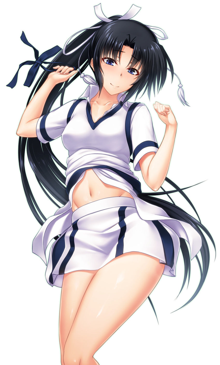 1girl black_hair blue_eyes character_request closed_mouth collarbone collared_shirt dress_shirt from_above full_body groin hair_intakes hair_ribbon highres ikki_(tue_sein_bestes) long_hair looking_at_viewer lying maji_de_watashi_ni_koi_shinasai! midriff miniskirt navel on_back open_clothes open_shirt ponytail ribbon shirt short_sleeves simple_background skirt smile solo stomach very_long_hair vest vest_lift white_background white_ribbon white_shirt white_skirt white_vest wing_collar