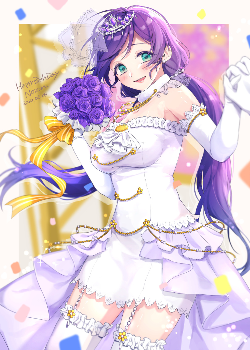 1girl aqua_eyes azuma_(no488888) blush bouquet breasts dress elbow_gloves flower garter_straps gloves highres holding_hands long_hair looking_at_viewer love_live! love_live!_school_idol_project low_twintails medium_breasts open_mouth purple_flower purple_hair smile solo_focus toujou_nozomi twintails white_dress white_gloves white_legwear