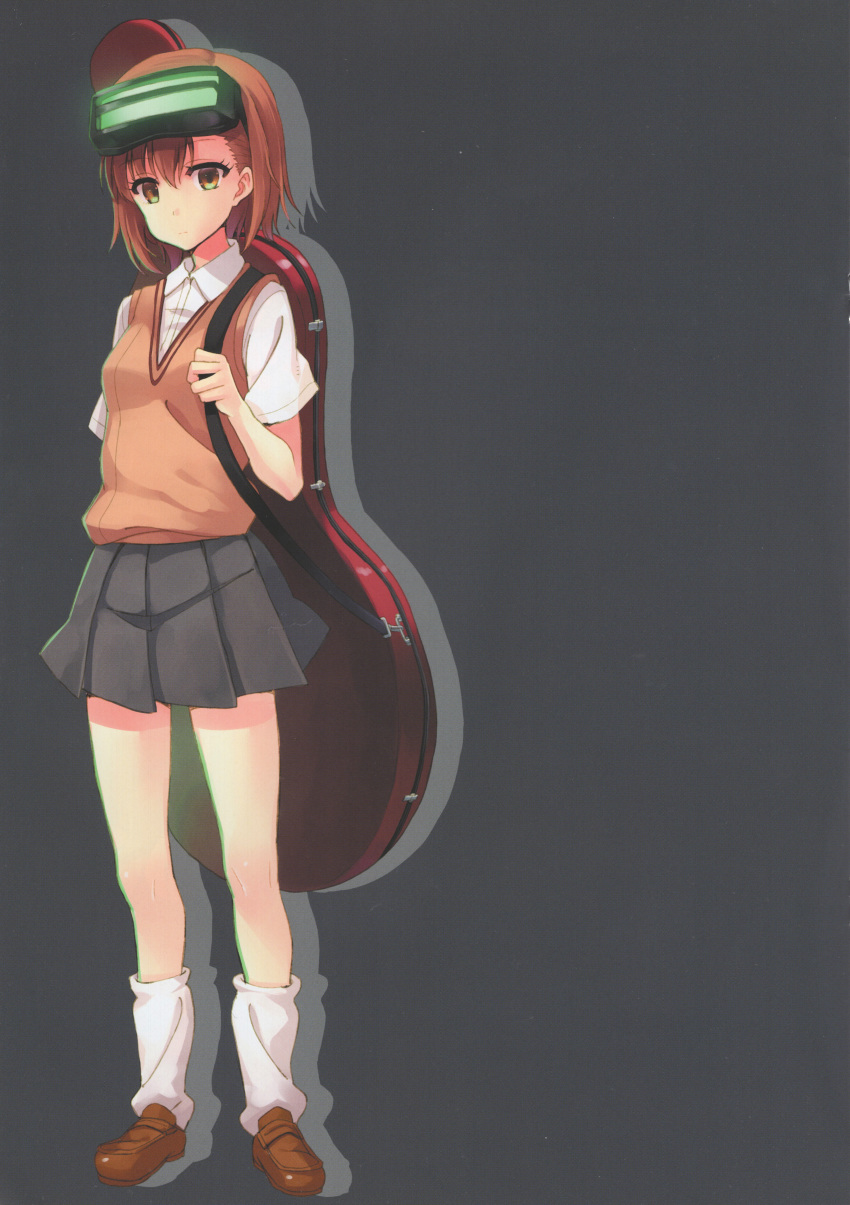 1girl absurdres brown_eyes brown_hair full_body hair_ornament hairclip head_mounted_display highres huge_filesize hyuuga_azuri loose_socks misaka_imouto school_uniform short_hair skirt socks solo to_aru_majutsu_no_index visor