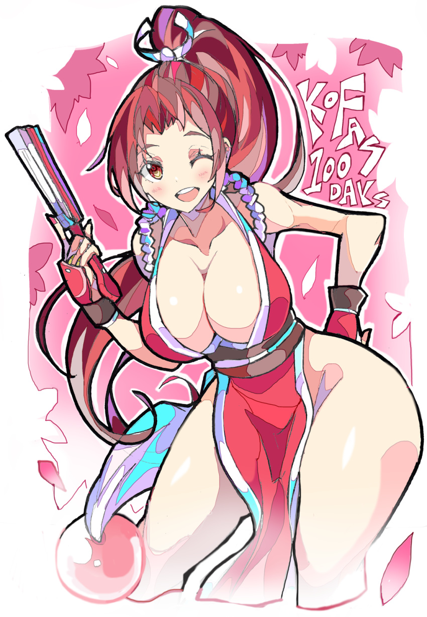 1girl ;d closed_fan collarbone enpe fan fatal_fury folding_fan groin hair_ribbon hand_on_hip high_ponytail highres holding holding_fan looking_at_viewer ninja no_panties one_eye_closed open_mouth pelvic_curtain ponytail red_eyes redhead ribbon rope sash shimenawa shiranui_mai side_slit smile solo teeth the_king_of_fighters thick_thighs thighs white_ribbon