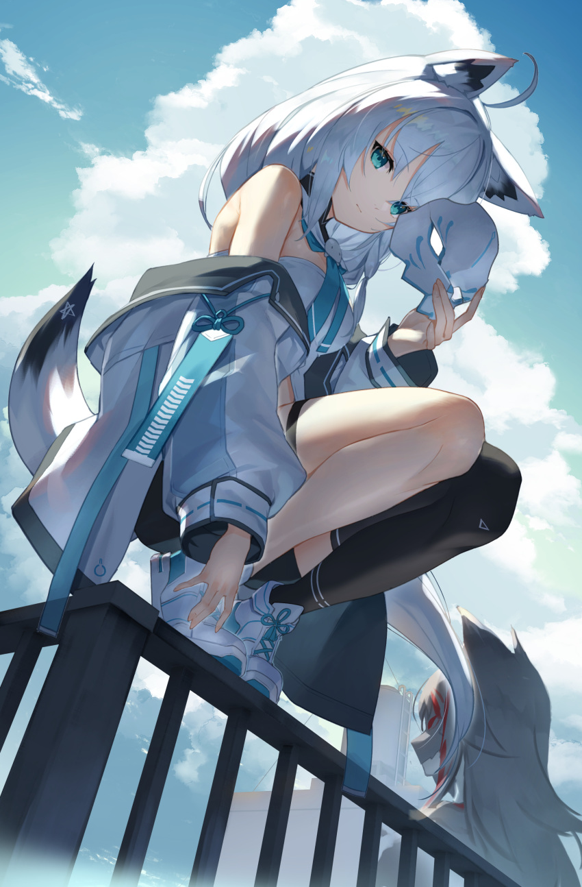 2girls absurdres ahoge animal_ear_fluff animal_ears bangs bare_shoulders black_legwear black_shorts blue_eyes blue_sky character_request closed_mouth clouds cloudy_sky commentary_request day eyebrows_visible_through_hair fox_ears fox_girl fox_mask fox_tail hair_between_eyes highres holding holding_mask hololive jacket long_hair long_sleeves looking_at_viewer mask mask_removed multiple_girls off_shoulder on_railing open_clothes open_jacket outdoors puffy_long_sleeves puffy_sleeves railing shirakami_fubuki shoes short_shorts shorts silver_hair single_thighhigh sky solo_focus squatting sukocchi tail thigh-highs very_long_hair virtual_youtuber white_footwear white_jacket