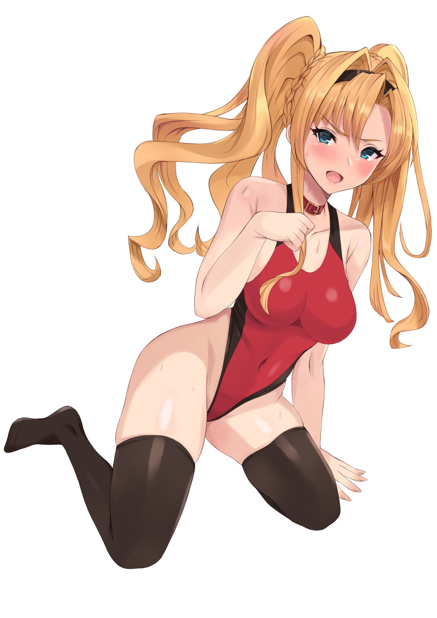 1girl absurdres black_legwear blonde_hair blue_eyes breasts collarbone commentary_request competition_swimsuit full_body granblue_fantasy highres long_hair looking_at_viewer medium_breasts one-piece_swimsuit open_mouth pm_tii_(matuko1024) red_swimsuit simple_background solo swimsuit thigh-highs twintails white_background zeta_(granblue_fantasy)