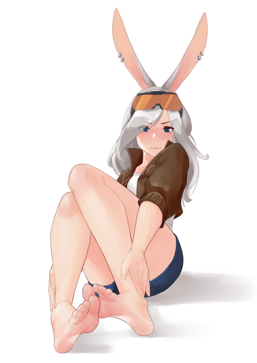1girl animal_ears barefoot blue_eyes blue_shorts blush brown_jacket closed_mouth commentary commission ear_piercing english_commentary eyes_visible_through_hair eyewear_on_head feet fingernails full_body grey_hair hair_over_one_eye hands_on_own_legs highres jacket looking_at_viewer original piercing pigeon-toed rabbit_ears shirt shorts simple_background sitting soles solo squeezable_(artist) toes white_background white_shirt
