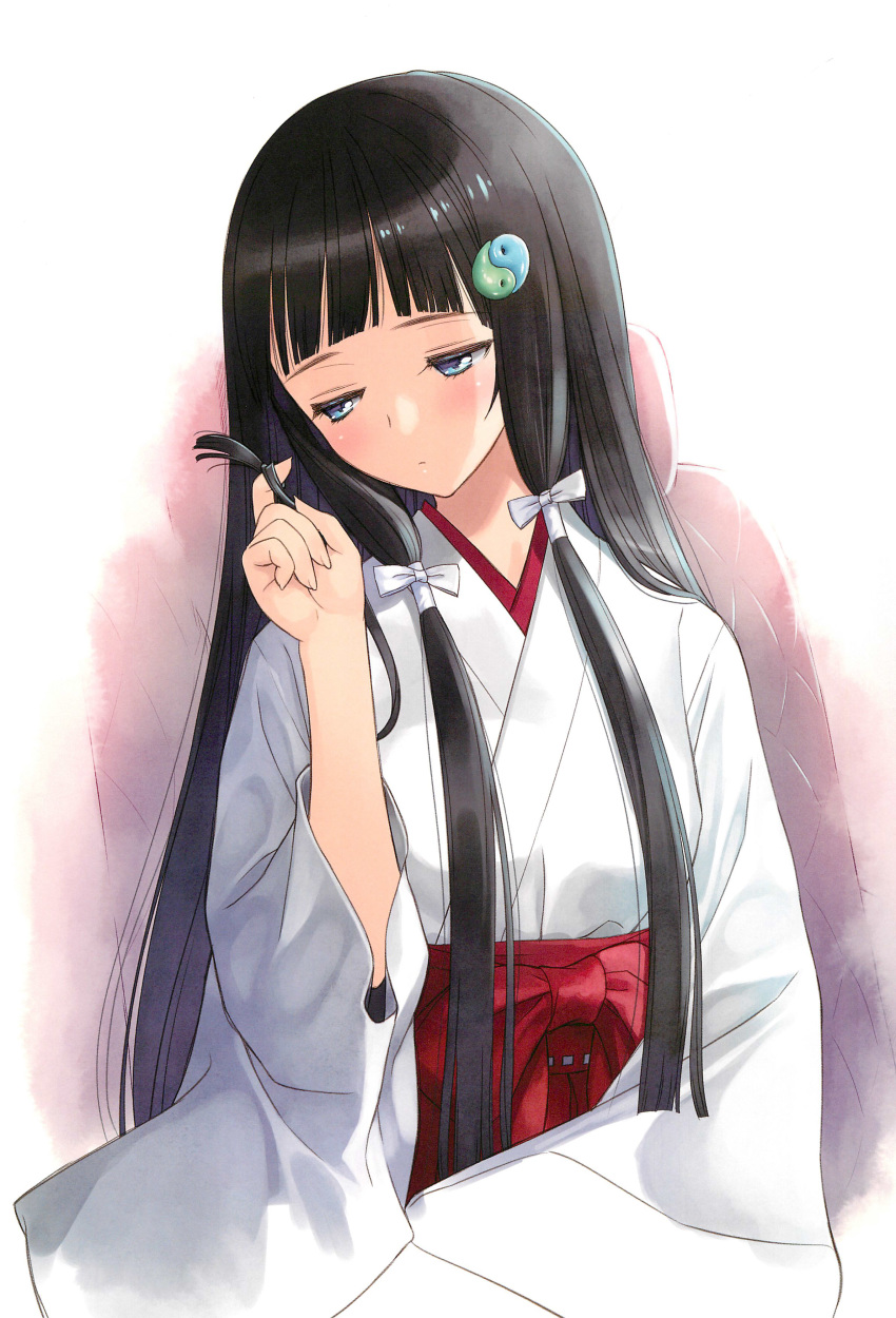 1girl absurdres aqua_eyes black_hair blue_eyes blush hair_ornament hair_tubes highres japanese_clothes kimono long_hair looking_away original scan solo tanaka_takayuki yin_yang