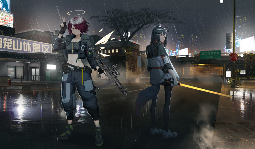2girls absurdres animal_ears arknights bangs belt black_belt black_gloves black_hair black_pants breasts city commentary_request crop_top cropped_jacket exusiai_(arknights) full_body gloves gun hair_over_one_eye halo hamachi_hazuki hand_up highres holding holding_gun holding_sword holding_weapon jacket jewelry long_hair looking_at_viewer midriff multiple_girls navel night night_sky open_clothes open_jacket outdoors pants pendant purple_hair rain red_eyes shoes short_hair sign sky small_breasts smile standing stomach stop_sign sword tail texas_(arknights) w weapon white_jacket wolf_ears wolf_tail