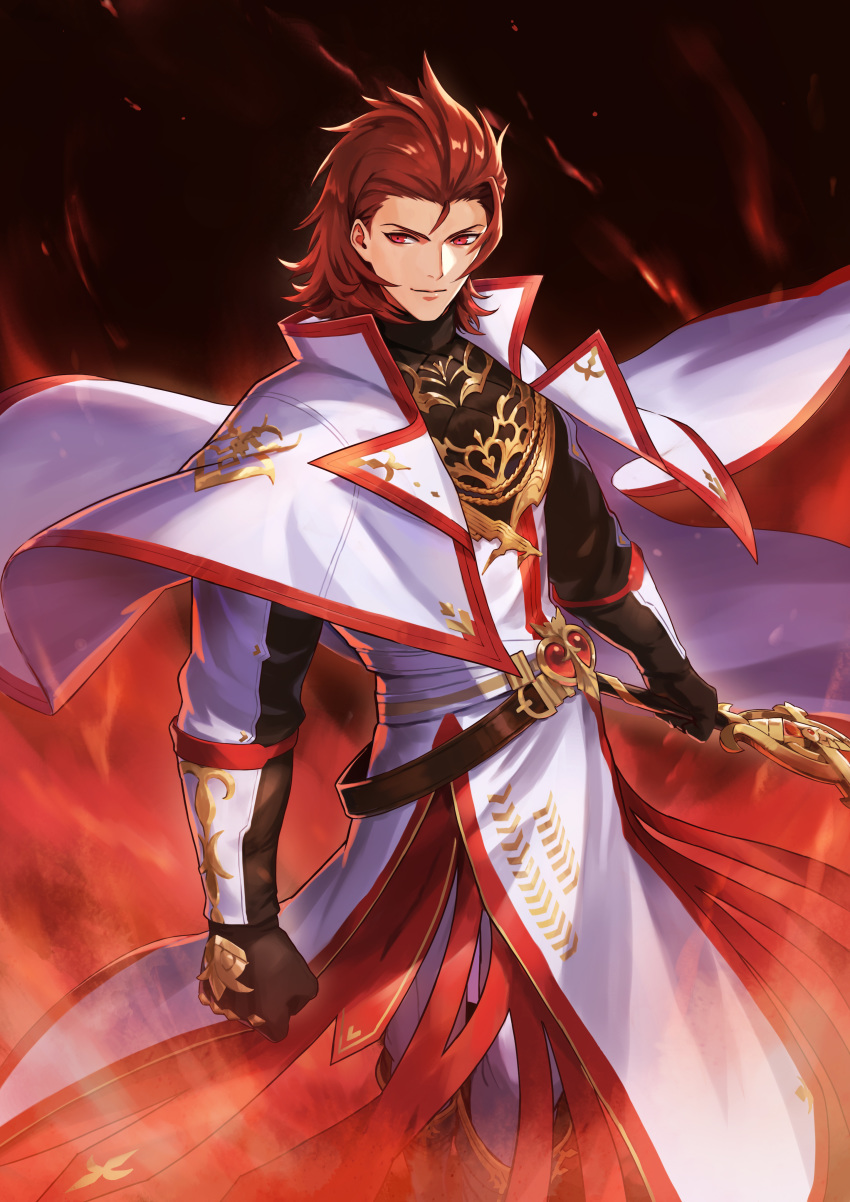 1boy absurdres belt black_background capelet fire gloves granblue_fantasy highres holding holding_sword holding_weapon looking_to_the_side male_focus percival_(granblue_fantasy) red_eyes redhead saku_(sakudeji) smile solo sword weapon white_capelet