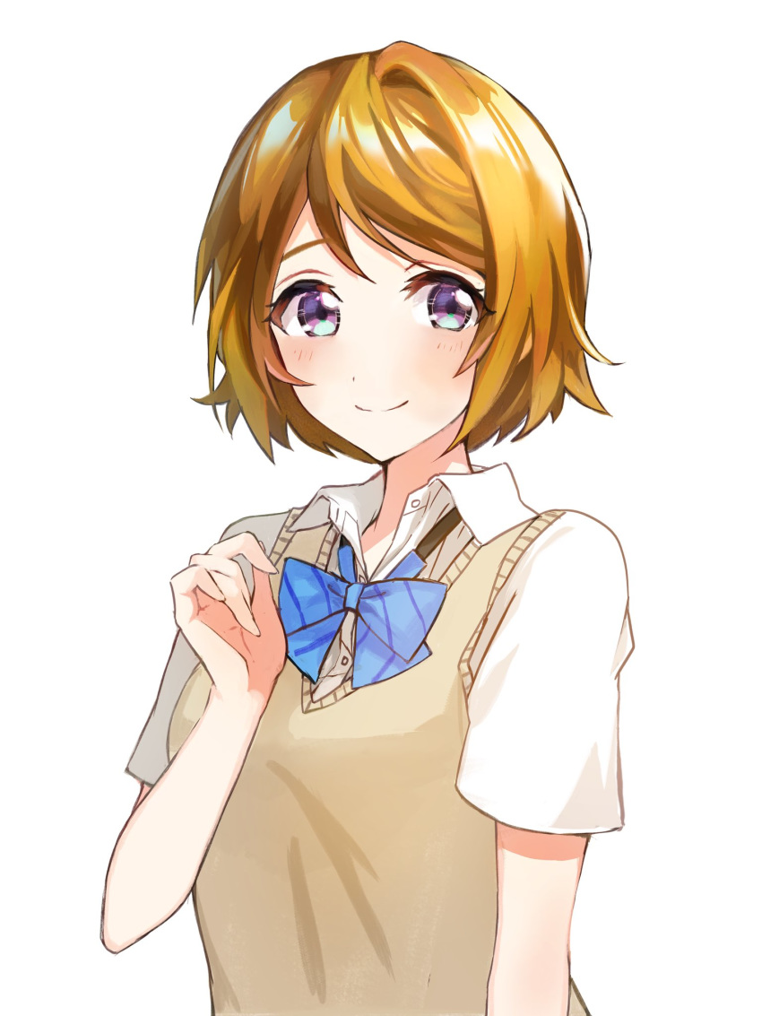 1girl bow highres koizumi_hanayo light_brown_hair looking_at_viewer love_live! love_live!_school_idol_project naarann otonokizaka_school_uniform school_uniform shirt short_hair short_sleeves smile solo sweater_vest violet_eyes