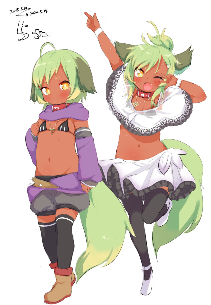 1girl ahoge animal_ears arm_up bangs black_legwear black_panties black_skirt blush boots brown_footwear child collar collarbone commentary_request dark_skin dog_collar dog_ears dog_girl dog_tail done_(donezumi) fang flat_chest frills full_body green_hair grey_background hair_between_eyes happy highres jewelry knee_up light_green_hair long_sleeves looking_at_viewer medium_hair midriff miniskirt multiple_views navel necklace one_eye_closed open_mouth original panties red_collar shoes short_shorts shorts simple_background skirt smile standing standing_on_one_leg stomach tail thigh-highs titi-chan_(nezumi_inu) two-tone_skirt underwear v_over_eye w white_footwear white_skirt yellow_eyes