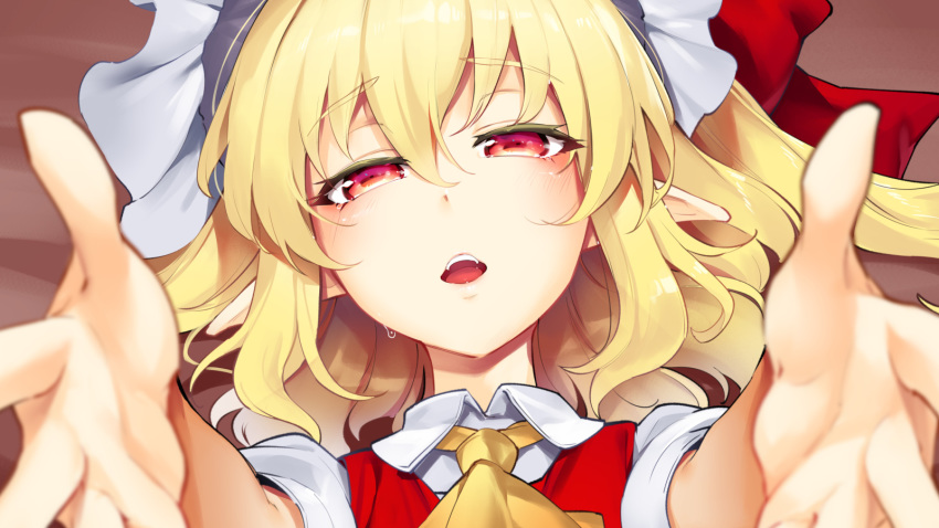 1girl ascot asutora bangs blonde_hair commentary eyebrows_visible_through_hair face fangs flandre_scarlet hair_between_eyes half-closed_eyes hat highres incoming_hug looking_at_viewer open_mouth outstretched_arms pointy_ears portrait pov puffy_short_sleeves puffy_sleeves reaching_out red_eyes red_vest shirt short_sleeves side_ponytail solo touhou vest white_shirt wing_collar yellow_neckwear