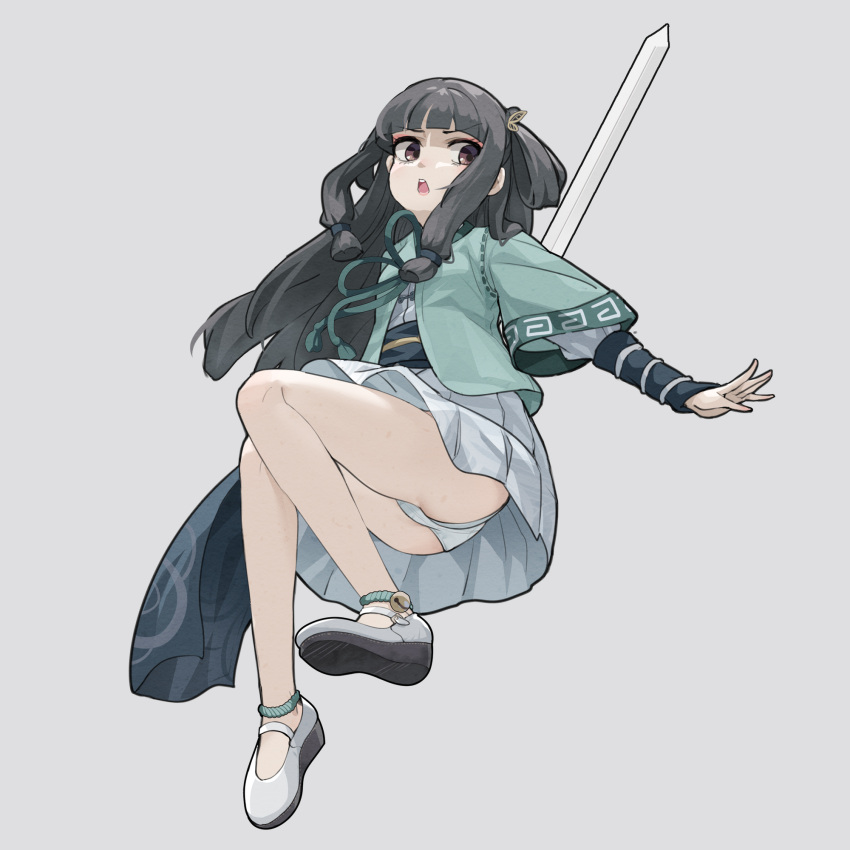 1girl ankle_bell ass bangs bell black_hair brown_eyes eyebrows_visible_through_hair grey_background highres jingle_bell long_hair no_socks obi open_clothes open_mouth original outstretched_arm panties pleated_skirt sash shirt shoe_soles shoes short_sleeves simple_background skirt solo sword too-ye underwear v-shaped_eyebrows very_long_hair weapon white_footwear white_panties white_shirt white_skirt wide_sleeves