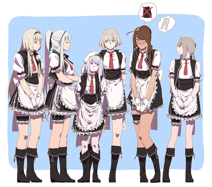 6+girls ak-12_(girls_frontline) alternate_costume blonde_hair blush braid brown_hair character_request closed_eyes commentary_request crossed_arms enmaided french_braid girls_frontline green_eyes hand_on_another's_head height_difference huqu lavender_eyes lee-enfield_(girls_frontline) low_ponytail m200_(girls_frontline) maid multiple_girls red_eyes silver_hair sweatdrop yellow_eyes