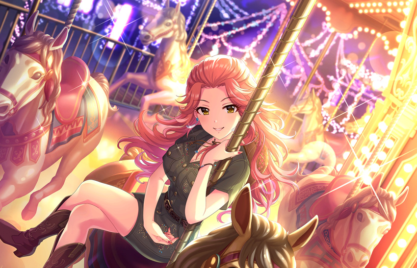 blush brown_hair dress hamakawa_ayuna horse idolmaster_cinderella_girls_starlight_stage long_hair pink_hair smile