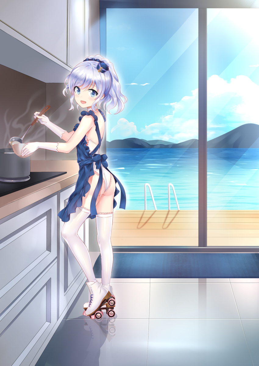 1girl absurdres apron ass blue_apron blue_eyes blue_hair blue_headwear boots bowle character_request chinese_commentary commentary_request cooking from_side full_body gloves hat highres indoors kitchen ladle lake legs leotard looking_at_viewer mini_hat mountain open_mouth patio ponytail pot roller_skates scenery skates smile solo thigh-highs thighs warship_girls_r white_footwear white_gloves white_legwear white_leotard window