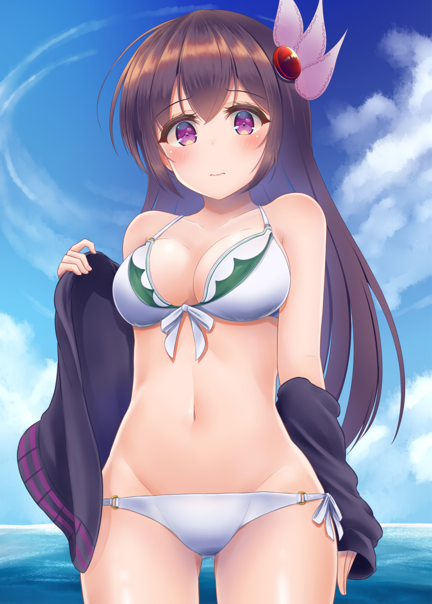 1girl ass_visible_through_thighs bikini blue_sky breasts brown_hair clouds collarbone cowboy_shot crescent crescent_pin day groin hair_ornament highres jacket kantai_collection kisaragi_(kancolle) long_hair looking_at_viewer medium_breasts minakami_mimimi navel ocean outdoors remodel_(kantai_collection) side-tie_bikini sky solo swimsuit swimsuit_under_clothes violet_eyes