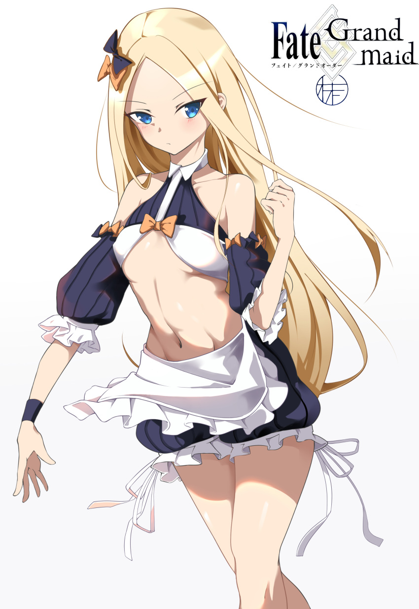 1girl abigail_williams_(fate/grand_order) absurdres apron artist_request bangs bare_shoulders black_bow black_skirt blonde_hair blue_eyes blush bow breasts closed_mouth collarbone copyright_name dress fate/grand_order fate_(series) forehead hair_bow halter_top halterneck highres long_hair looking_at_viewer multiple_bows navel orange_bow parted_bangs ribbed_dress skirt small_breasts stuffed_animal stuffed_toy teddy_bear thighs waist_apron white_apron