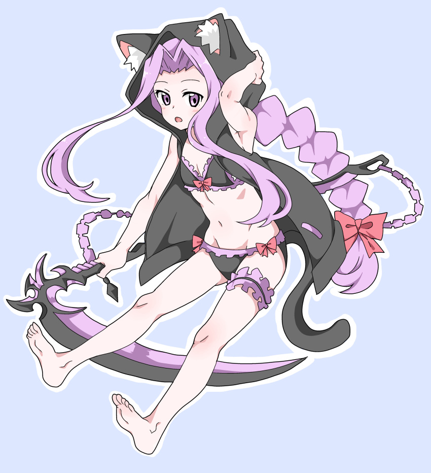 1girl absurdres arm_behind_head bare_arms bare_legs bikini black_hoodie braid chain fate/grand_order fate_(series) fujiwara_tatsuro highres medusa_(lancer)_(fate) purple_hair scythe swimsuit violet_eyes