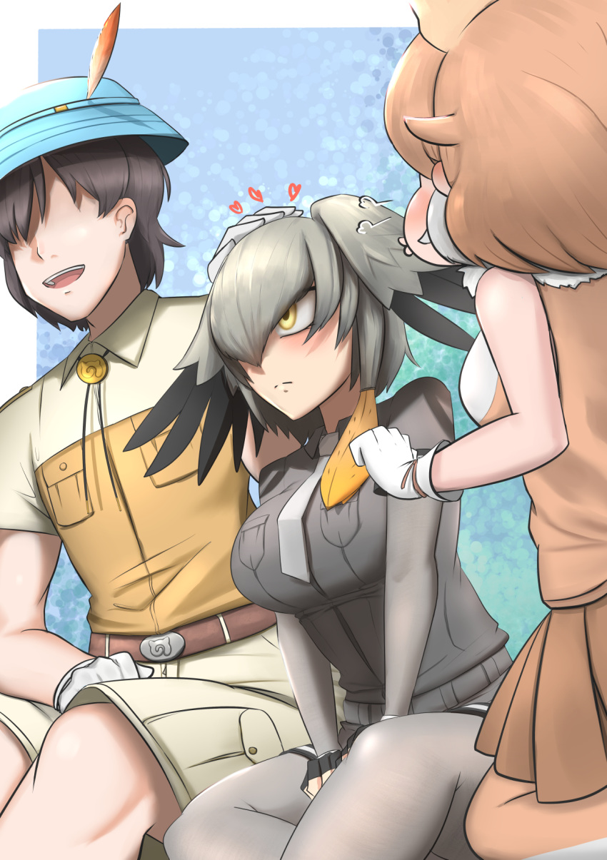 1boy 2girls =3 animal_ears arm_rest bare_arms bare_shoulders belt bird_wings black_gloves blush bodystocking breast_pocket brown_hair captain_(kemono_friends) closed_mouth collared_shirt dhole_(kemono_friends) dog_ears faceless faceless_male fingerless_gloves fur_collar gloves grey_hair grey_neckwear grey_shirt grey_shorts hair_over_one_eye hand_on_another's_head hand_up hat hat_feather head_wings highres huffing japari_symbol jealous john_(a2556349) kemono_friends kemono_friends_3 long_hair long_sleeves looking_at_another medium_hair multicolored_hair multiple_girls necktie open_mouth orange_hair petting pocket pout pouty_lips shirt shoebill_(kemono_friends) short_hair short_over_long_sleeves short_sleeves shorts sidelocks sitting skirt sleeveless sleeveless_shirt smile two-tone_hair wings yellow_eyes