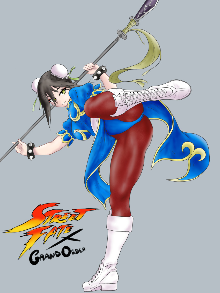1girl absurdres alternate_costume ass black_hair blue_dress boots bracelet breasts brown_legwear bun_cover china_dress chinese_clothes chun-li chun-li_(cosplay) commentary_request cosplay cross-laced_footwear double_bun dress fate/grand_order fate_(series) fighting_stance full_body green_eyes grey_background highres jewelry kilroylw knee_boots long_hair looking_at_viewer panties pantyhose pelvic_curtain polearm puffy_short_sleeves puffy_sleeves qin_liangyu_(fate) sash short_sleeves simple_background solo spiked_bracelet spikes standing standing_on_one_leg street_fighter thighs underwear weapon white_footwear