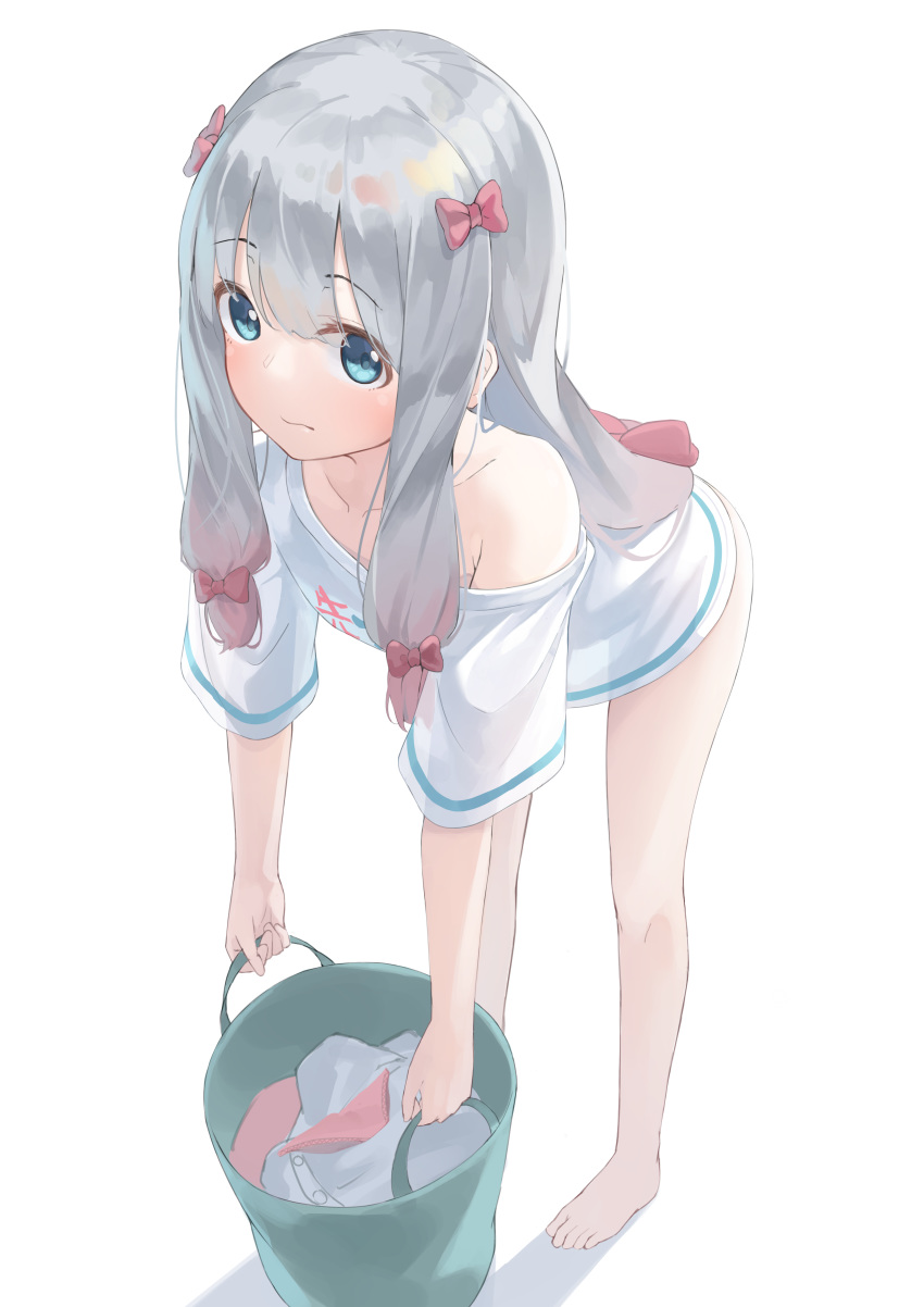 1girl absurdres bangs bare_legs bare_shoulders barefoot blue_eyes blue_shirt blush bow closed_mouth collarbone commentary_request eromanga_sensei eyebrows_visible_through_hair from_above hair_bow highres izumi_sagiri kimyo long_hair looking_at_viewer low-tied_long_hair multicolored_shirt off-shoulder_shirt off_shoulder pink_bow shirt silver_hair simple_background solo white_background white_shirt