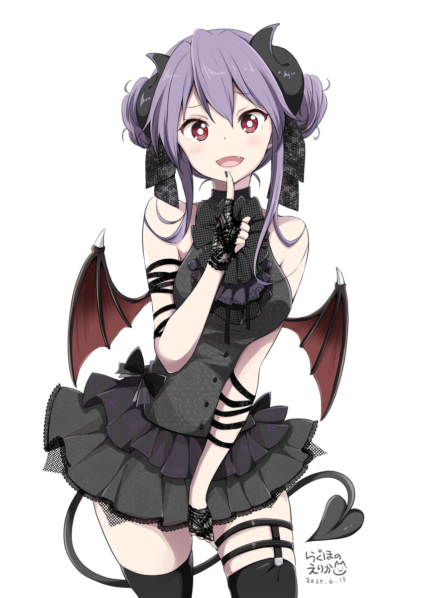 1girl :d bangs bare_shoulders black_dress black_gloves black_legwear black_nails breasts brown_wings chikanoko commentary_request curled_horns dated demon_girl demon_horns demon_tail demon_wings dress eyebrows_visible_through_hair fangs fingerless_gloves gloves hair_between_eyes highres horns index_finger_raised lace lace_gloves medium_breasts nail_polish naito_mare open_mouth pleated_dress purple_hair ragho_no_erika red_eyes signature simple_background sleeveless sleeveless_dress smile solo tail thigh-highs white_background wings