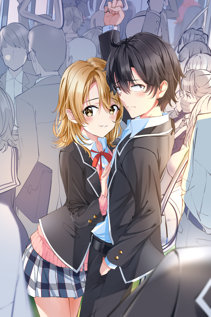 absurdres arrichee bangs belt black_belt black_hair black_jacket black_pants blazer blonde_hair closed_mouth collared_shirt dress_shirt eyebrows_visible_through_hair grin hair_between_eyes hair_intakes hand_in_pocket highres hikigaya_hachiman isshiki_iroha jacket long_hair long_sleeves looking_at_viewer miniskirt multiple_boys multiple_girls neck_ribbon open_blazer open_clothes open_jacket pants pink_cardigan pleated_skirt red_ribbon ribbon school_uniform shiny shiny_hair shirt skirt smile train_interior white_shirt wing_collar yahari_ore_no_seishun_lovecome_wa_machigatteiru. yellow_eyes