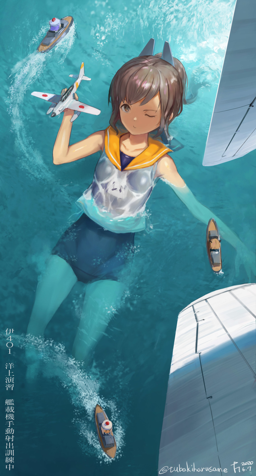 1girl absurdres aircraft airplane blue_swimsuit brown_eyes brown_hair character_name collarbone commentary_request dated harusame_tsubaki highres i-401_(kantai_collection) kantai_collection one_eye_closed orange_sailor_collar ponytail sailor_collar school_swimsuit ship shirt short_ponytail side-tie_shirt sleeveless sleeveless_shirt solo swimsuit swimsuit_under_clothes translation_request twitter_username vehicle_request water watercraft