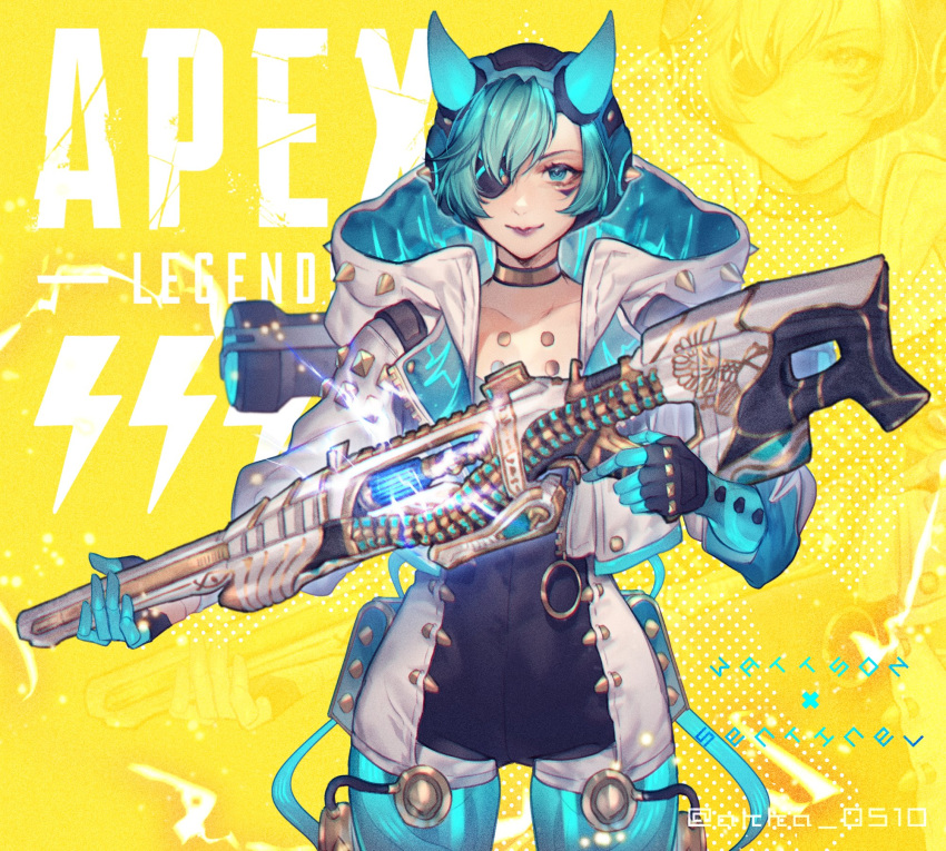 1girl alternate_costume apex_legends bodysuit breasts character_name choker closed_mouth collarbone commentary_request copyright_name cowboy_shot cyber_punked_wattson cyberpunk eyelashes eyepatch facial_tattoo green_eyes green_hair gun helmet highres holding holding_weapon hood hood_down hooded_jacket horns jacket lipstick long_sleeves looking_at_viewer makeup mascara mizutama_(mao11260510) oni_horns purple_lipstick rifle short_hair silver_hair sniper_rifle solo standing tattoo trigger_discipline twitter_username wattson_(apex_legends) weapon yellow_background