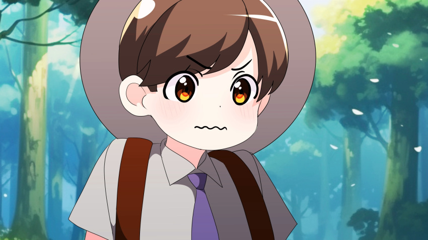 1boy backpack bag blush brown_eyes brown_hair child closed_mouth collared_shirt commentary day english_commentary florian_(pokemon) forest grapeanime grey_headwear grey_shirt hat highres male_child male_focus nature necktie outdoors pokemon pokemon_(game) pokemon_sv purple_necktie shirt short_hair short_sleeves solo tree upper_body v-shaped_eyebrows wavy_mouth