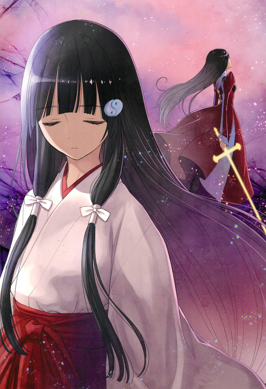 2girls absurdres black_hair closed_eyes dress hair_ornament hair_tubes highres japanese_clothes kimono looking_up miko multiple_girls original red_dress skirt sword tanaka_takayuki weapon yin_yang