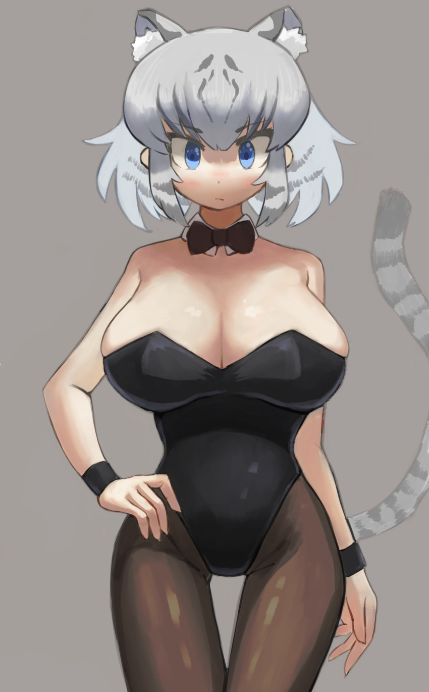 1girl animal_ear_fluff animal_ears arm_at_side bare_shoulders black_bow black_bowtie black_legwear black_leotard blue_eyes bow bowtie breasts commentary detached_collar extra_ears eyebrows_visible_through_hair grey_background hand_on_hip highres kemono_friends large_breasts leotard looking_at_viewer pantyhose playboy_bunny short_hair simple_background solo straight-on tail thigh_gap tiger_ears tiger_girl tiger_tail white_tiger_(kemono_friends) wrist_cuffs zuchi00