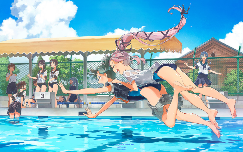 6+girls ayanami_(kantai_collection) barefoot black_hair black_sailor_collar black_shirt black_skirt black_swimsuit blue_sailor_collar blue_skirt blue_swimsuit bow brown_hair closed_eyes competition_swimsuit copyright_name dated fubuki_(kantai_collection) full_body gotland_(kantai_collection) green_hair grey_skirt hair_bow hair_ribbon hatsuyuki_(kantai_collection) house kantai_collection kusakabe_(kusakabeworks) lane_line long_hair miyuki_(kantai_collection) multiple_girls murakumo_(kantai_collection) one-piece_swimsuit orange_neckwear outdoors pink_hair pleated_skirt ponytail pool remodel_(kantai_collection) ribbon sailor_collar sailor_shirt school_swimsuit school_uniform serafuku shed shikinami_(kantai_collection) shirayuki_(kantai_collection) shirt short_hair skirt starting_block swimsuit swimsuit_under_clothes tree very_long_hair water wet wet_clothes white_shirt yura_(kantai_collection) yuubari_(kantai_collection)