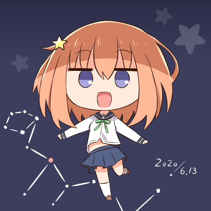 1girl :d absurdres bangs blue_sailor_collar blue_skirt bow brown_footwear brown_hair chibi commentary_request constellation dated eyebrows_visible_through_hair full_body green_bow grey_background hair_between_eyes hair_ornament hana_kazari highres kneehighs koisuru_asteroid konohata_mira loafers long_sleeves navel open_mouth pleated_skirt sailor_collar shirt shoes skirt smile solo standing standing_on_one_leg star_(symbol) star_hair_ornament violet_eyes white_legwear white_shirt