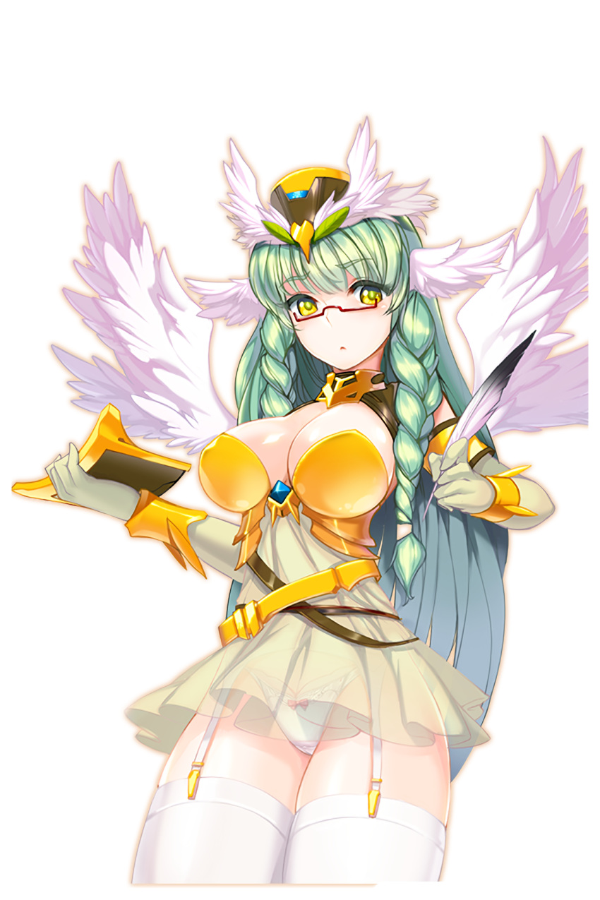 1girl angel angel_wings braid breasts dress feathered_wings feathers garter_straps glasses green_hair hat highres holding large_breasts long_hair official_art panties raguel_(soccer_spirits) see-through snowball22 soccer_spirits thigh-highs twin_braids underwear white_panties wings yellow_dress yellow_eyes