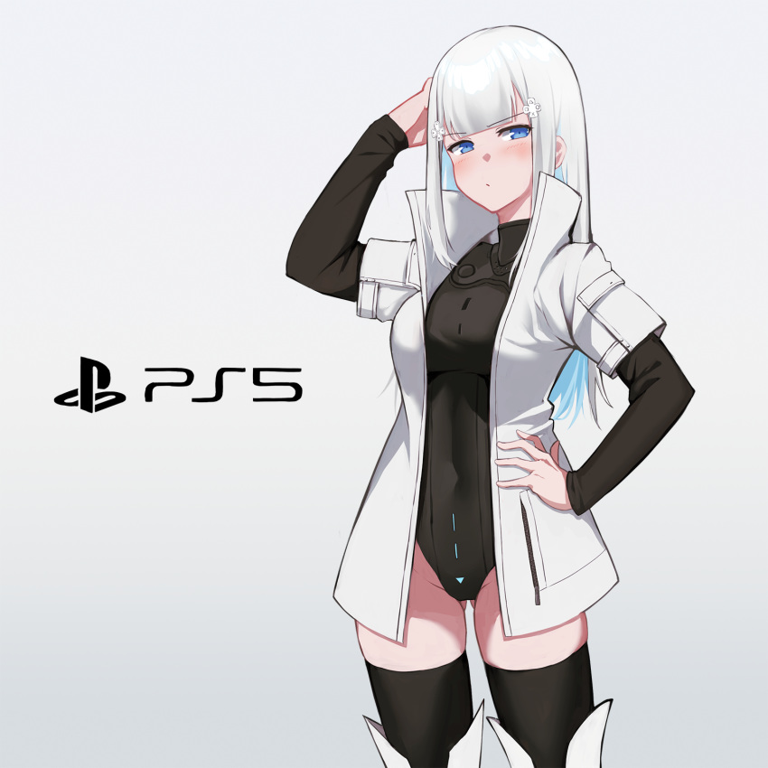 1girl bishi_(bishi) black_hair black_legwear blue_eyes blush breasts commentary eyebrows_visible_through_hair hair_ornament hand_on_hip highres hime_cut jacket leotard long_hair looking_at_viewer mixed-language_commentary original personification playstation_5 solo sony thigh-highs white_hair