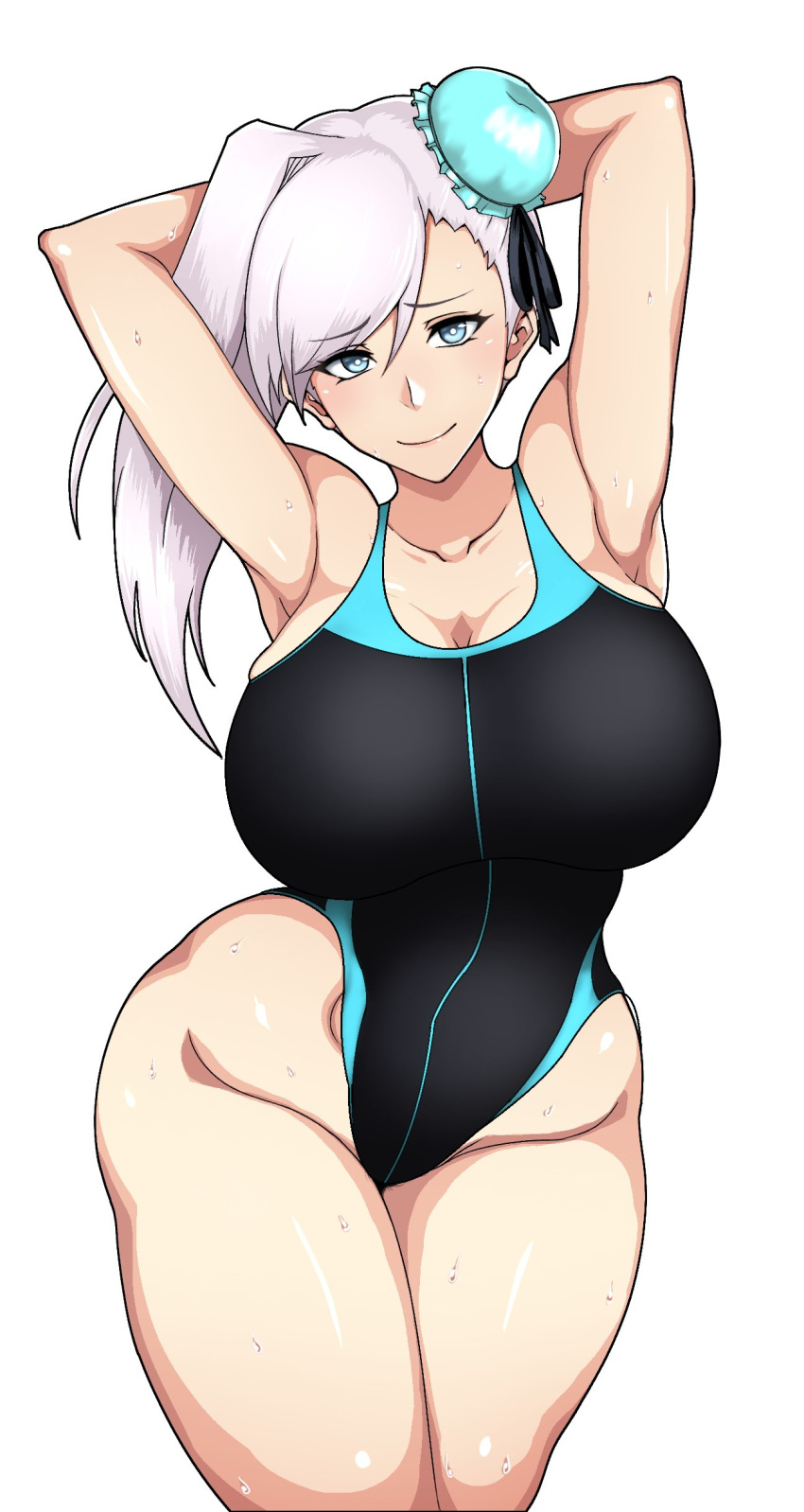 1girl absurdres arms_behind_head asymmetrical_hair blue_eyes breasts competition_swimsuit fate/grand_order fate_(series) hair_bun highres huge_breasts looking_at_viewer miyamoto_musashi_(fate/grand_order) miyamoto_musashi_(swimsuit_berserker)_(fate) one-piece_swimsuit sihkygmojsn simple_background swimsuit thick_thighs thighs white_background