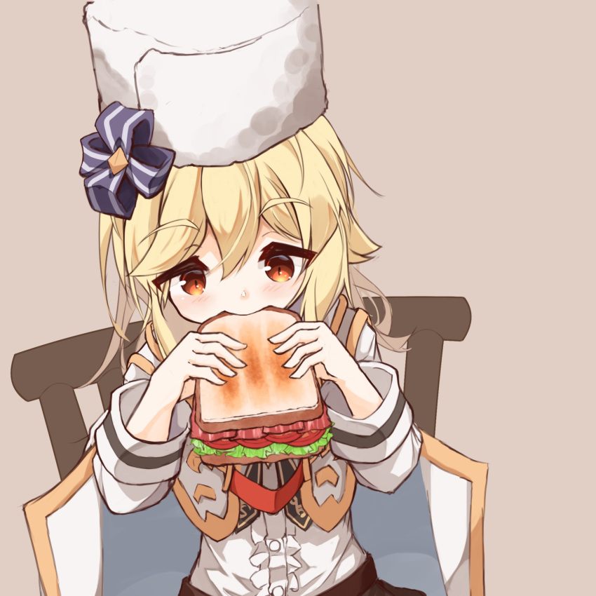 1girl bangs blonde_hair blush bread brown_background center_frills chair closed_mouth eating eyebrows_visible_through_hair food frills fur_hat girls_frontline hair_between_eyes hands_up hat highres holding holding_food long_hair long_sleeves matsuo_(matuonoie) nagant_revolver_(girls_frontline) on_chair red_eyes shirt simple_background sitting solo white_headwear white_shirt