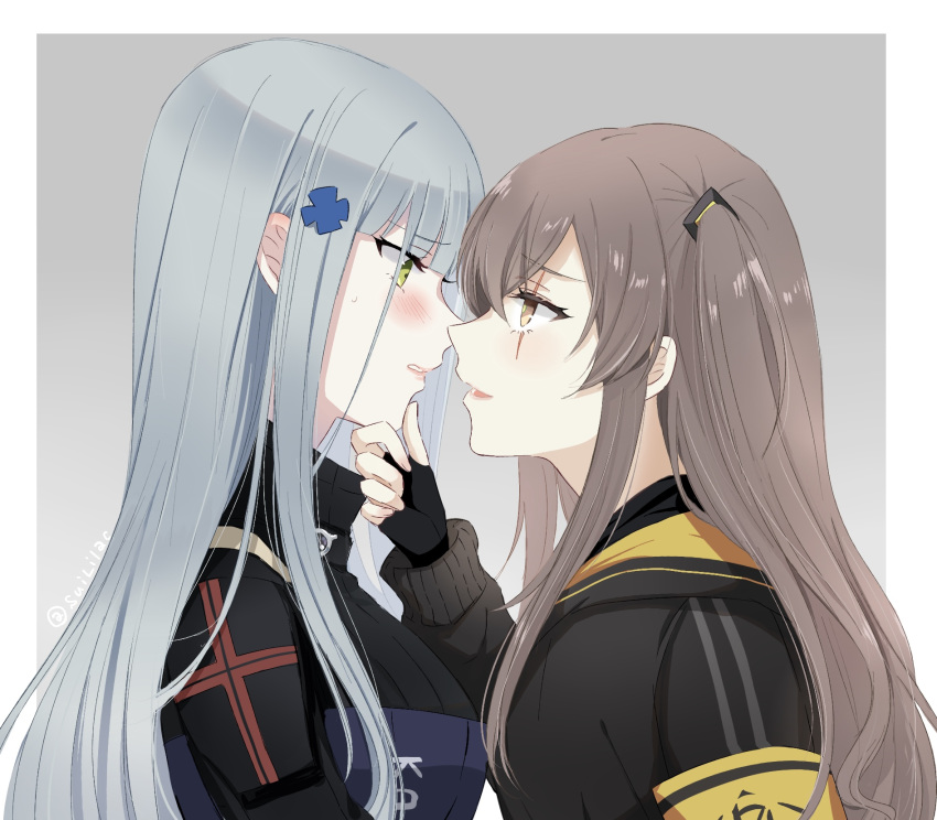 2girls armband bangs black_gloves black_jacket blunt_bangs blush border breasts brown_eyes brown_hair clenched_teeth clothes_writing commentary_request eye_contact eyebrows_visible_through_hair fingerless_gloves from_side girls_frontline gloves green_eyes grey_background hair_ornament hand_on_another's_chin highres hk416_(girls_frontline) jacket long_hair long_sleeves looking_at_another medium_breasts multiple_girls one_side_up outside_border parted_lips profile scar scar_across_eye sidelocks silver_hair simple_background smile sui_(camellia) teeth ump45_(girls_frontline) white_border yuri