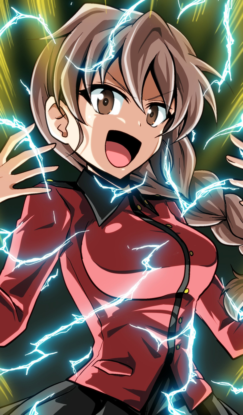 1girl absurdres aura bangs braid brown_eyes brown_hair commentary dragon_ball dragon_ball_z electricity eyebrows_visible_through_hair girls_und_panzer hair_over_shoulder highres jacket kamishima_kanon long_hair long_sleeves looking_at_viewer military military_uniform open_mouth red_jacket rukuriri_(girls_und_panzer) single_braid smirk smug solo st._gloriana's_military_uniform standing super_saiyan super_saiyan_2 uniform v-shaped_eyebrows w_arms