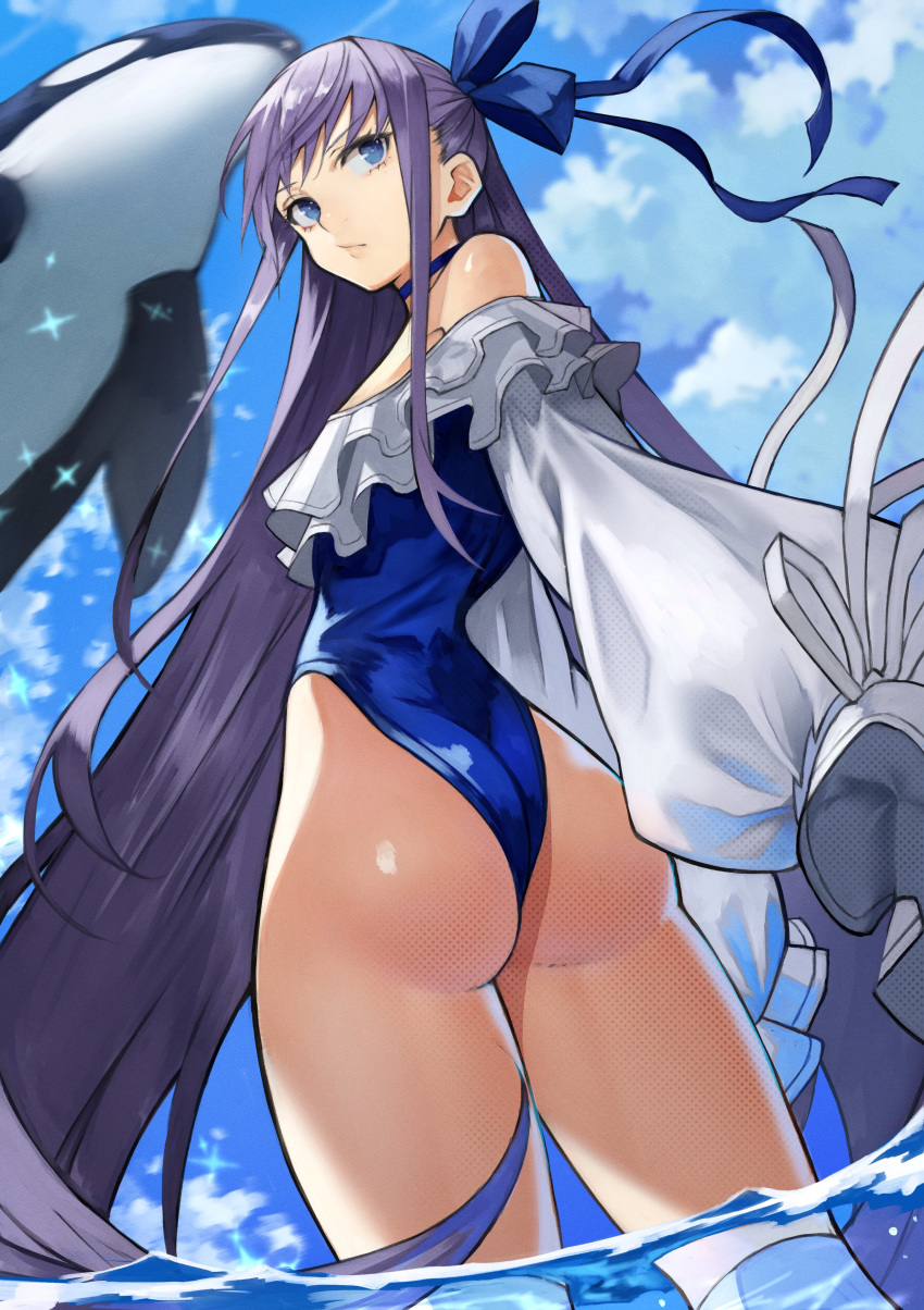 1girl absurdres ass back bangs bare_shoulders blue_eyes blue_ribbon blue_sky breasts choker closed_mouth fate/grand_order fate_(series) frills hair_ribbon highleg highleg_swimsuit highres long_hair long_sleeves looking_back meltryllis meltryllis_(swimsuit_lancer)_(fate) off-shoulder_swimsuit one-piece_swimsuit orca puffy_sleeves purple_hair ribbon sky sleeves_past_fingers sleeves_past_wrists small_breasts swimsuit thighs very_long_hair white_ribbon yoshio_(55level)