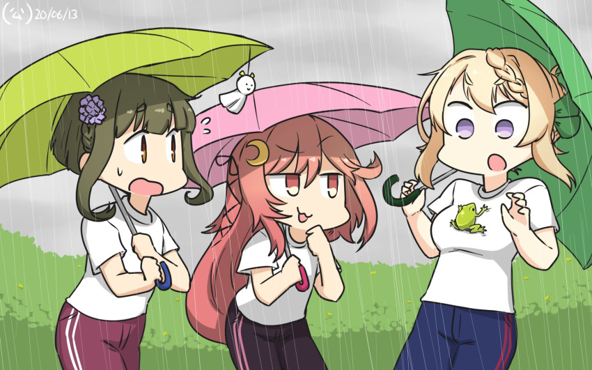 1other 3girls ahoge alternate_costume black_pants blonde_hair bob_cut braid braided_bun brown_eyes commentary_request crescent crescent_hair_ornament dated frog green_hair green_pants green_umbrella hair_ornament hair_ribbon hamu_koutarou highres kantai_collection long_hair long_sleeves multiple_girls outdoors pants perth_(kantai_collection) pink_eyes pink_hair pink_umbrella purple_pants rain ribbon shirt short_hair sidelocks t-shirt takanami_(kantai_collection) teruterubouzu track_pants umbrella uzuki_(kantai_collection) violet_eyes white_shirt yellow_umbrella