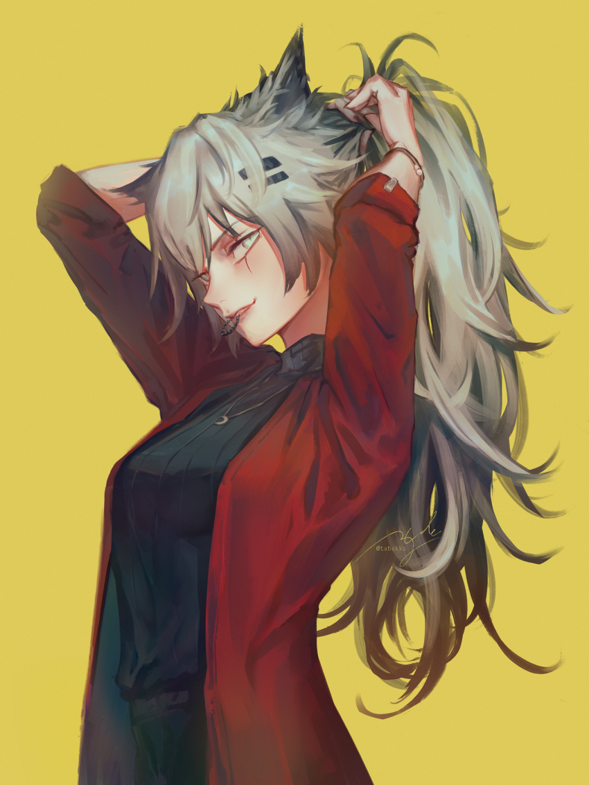 1girl adjusting_hair alternate_hairstyle animal_ears arknights arms_up black_sweater bracelet breasts commentary cowboy_shot eyebrows_visible_through_hair grey_eyes grin hair_between_eyes hair_ornament hair_tie_in_mouth hands_in_hair highres jacket jewelry lappland_(arknights) lips long_hair looking_at_viewer medium_breasts mouth_hold mr.holmes necklace open_clothes open_jacket pendant ponytail red_jacket ribbed_sweater scar scar_across_eye signature silver_hair simple_background smile solo sweater turtleneck turtleneck_sweater twitter_username wolf_ears