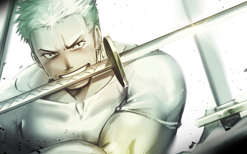 1boy bara biceps black_eyes chest earrings frown green_hair highres holding holding_sword holding_weapon jewelry katana looking_at_viewer male_focus muscle one_piece pectorals roronoa_zoro short_sleeves simple_background smile solo sweatdrop sword upper_body veins waku_(ayamix) weapon younger